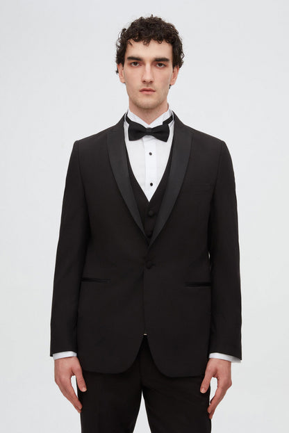Twn Slim Fit Siyah Düz Damatlık & Smokin Yelekli Takim Elbise