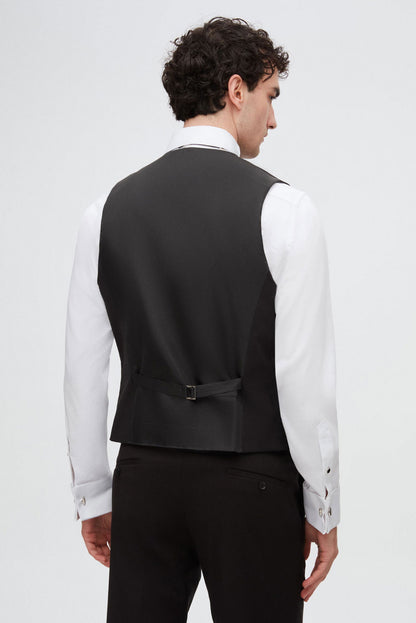 Twn Slim Fit Siyah Düz Damatlık & Smokin Yelekli Takim Elbise