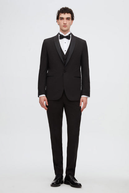 Twn Slim Fit Siyah Düz Damatlık & Smokin Yelekli Takim Elbise