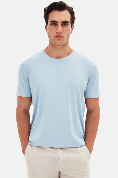 Twn Slim Fit Açık Mavi Düz Kabartma Baskılı T-shirt
