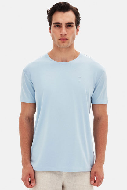 Twn Slim Fit Açık Mavi Düz Kabartma Baskılı T-shirt