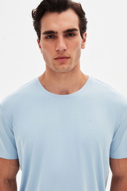 Twn Slim Fit Açık Mavi Düz Kabartma Baskılı T-shirt