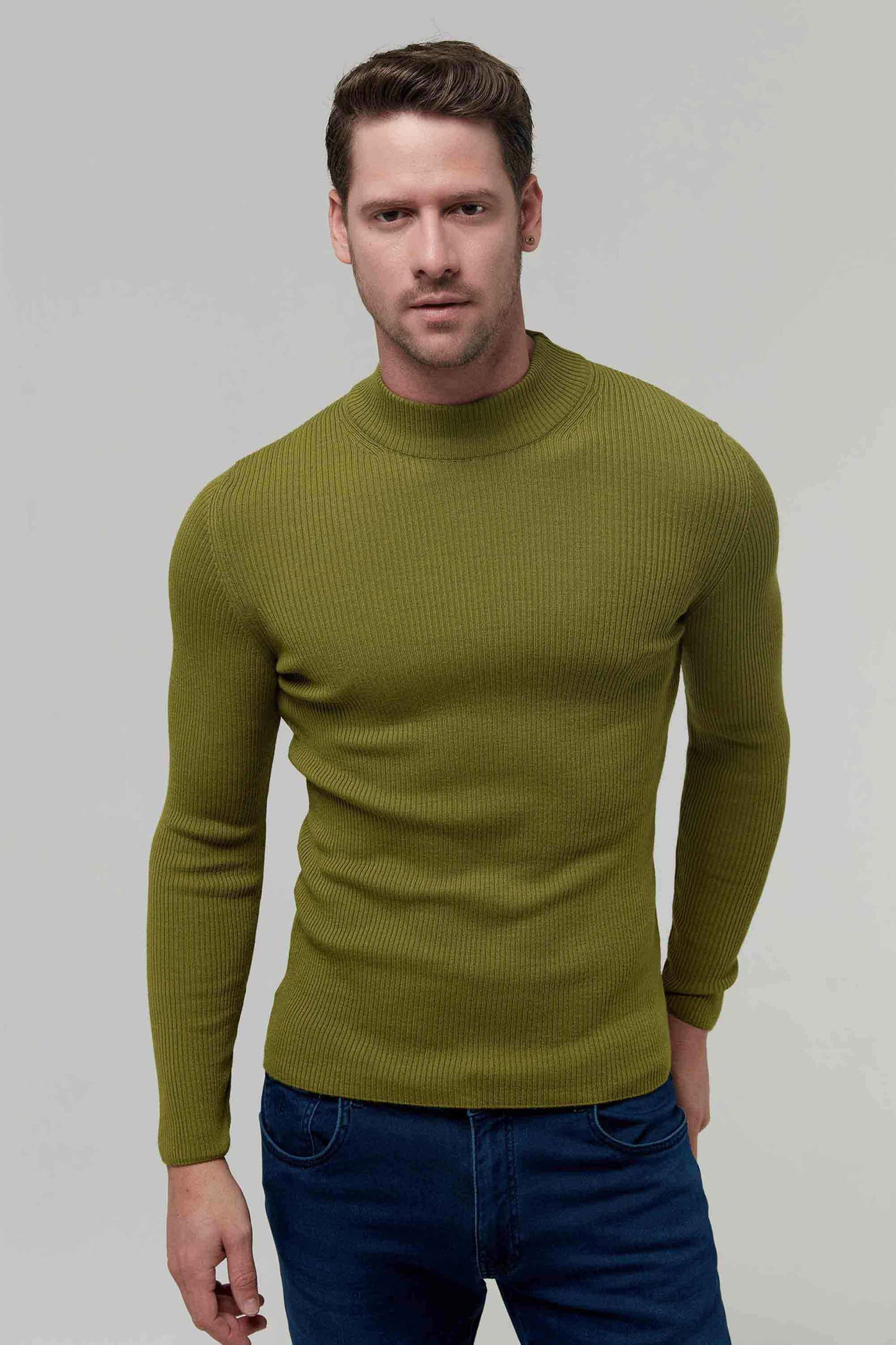 Twn Slim Fit Yeşil Rib Örgü Kazak