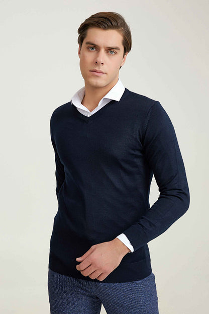 Ds Damat Regular Fit Lacivert Düz Örgü Kazak