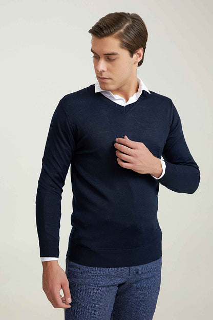 Ds Damat Regular Fit Lacivert Düz Örgü Kazak