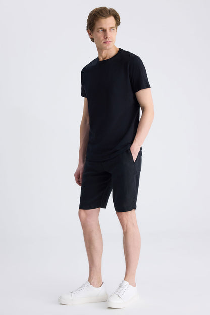 Ds Damat Slim Fit Siyah Düz %100 Keten Şort