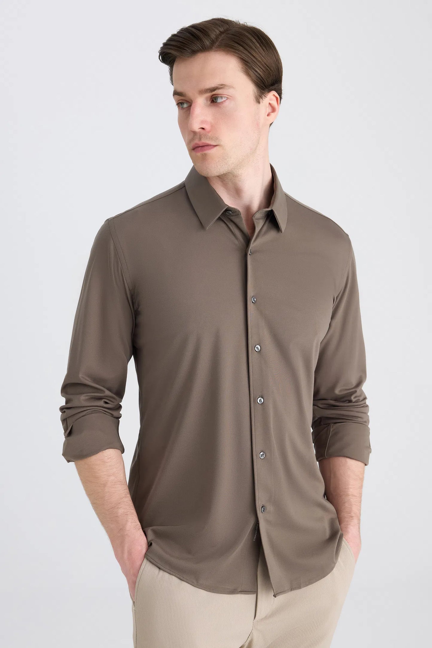 Ds Damat Slim Fit Haki Örme Gömlek