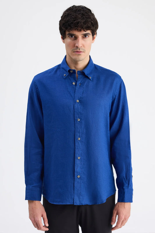 Ds Damat Comfort Indigo Düz %100 Keten Gömlek