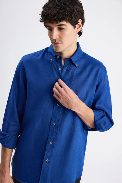 Ds Damat Comfort Indigo Düz %100 Keten Gömlek