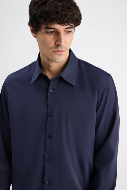 Twn Slim Fit Lacivert Düz Travel Gömlek