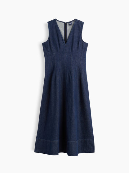 Koyu Mavi Denim V-yaka Maxi Elbise