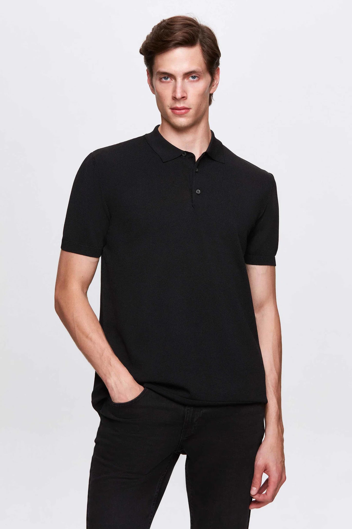 Ds Damat Slim Fit Siyah Düz Örgü Yazlık Rayon Triko Polo Tişört