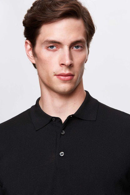 Ds Damat Slim Fit Siyah Düz Örgü Yazlık Rayon Triko Polo Tişört