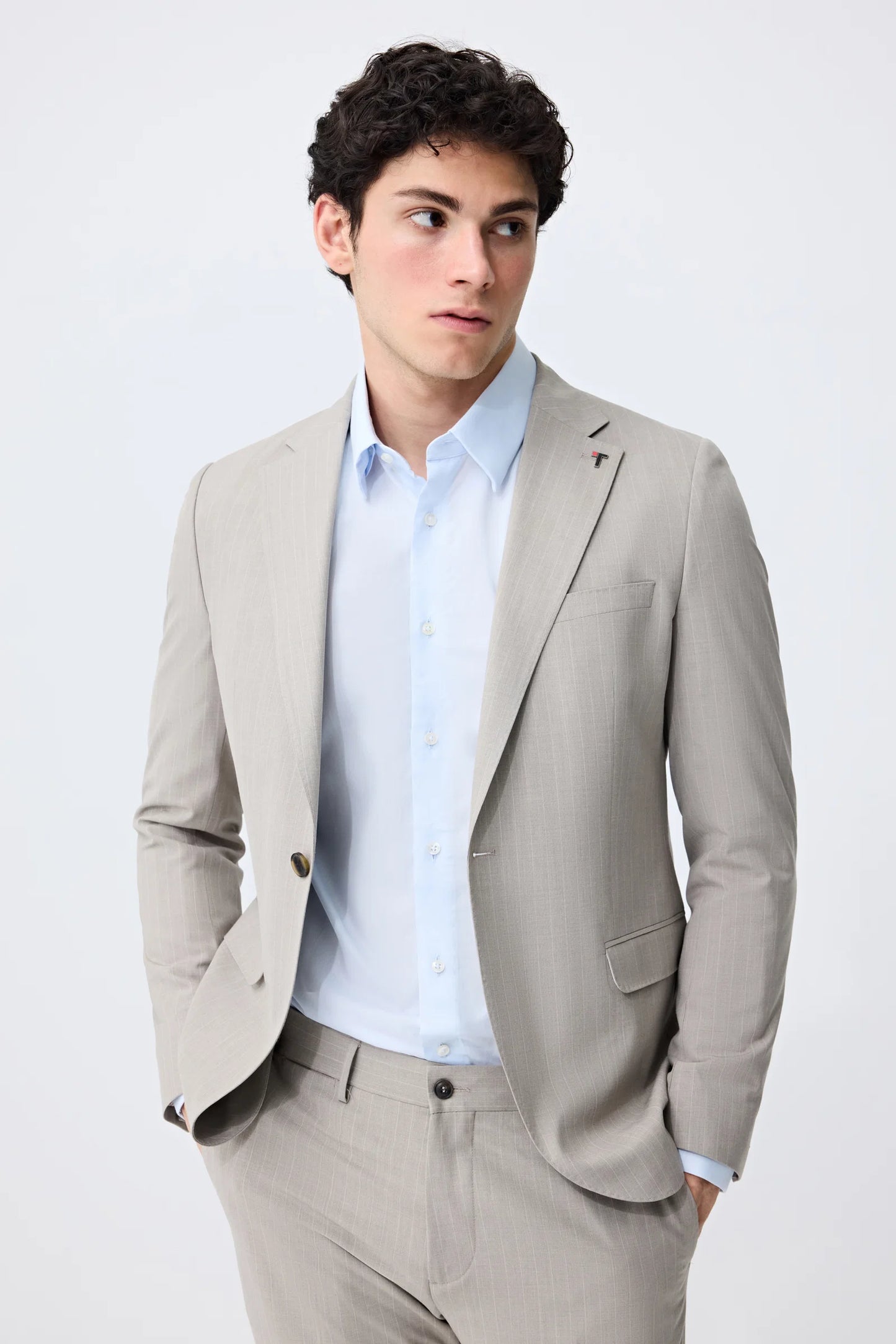 Tween Slim Fit Bej Çizgili Takim Elbise