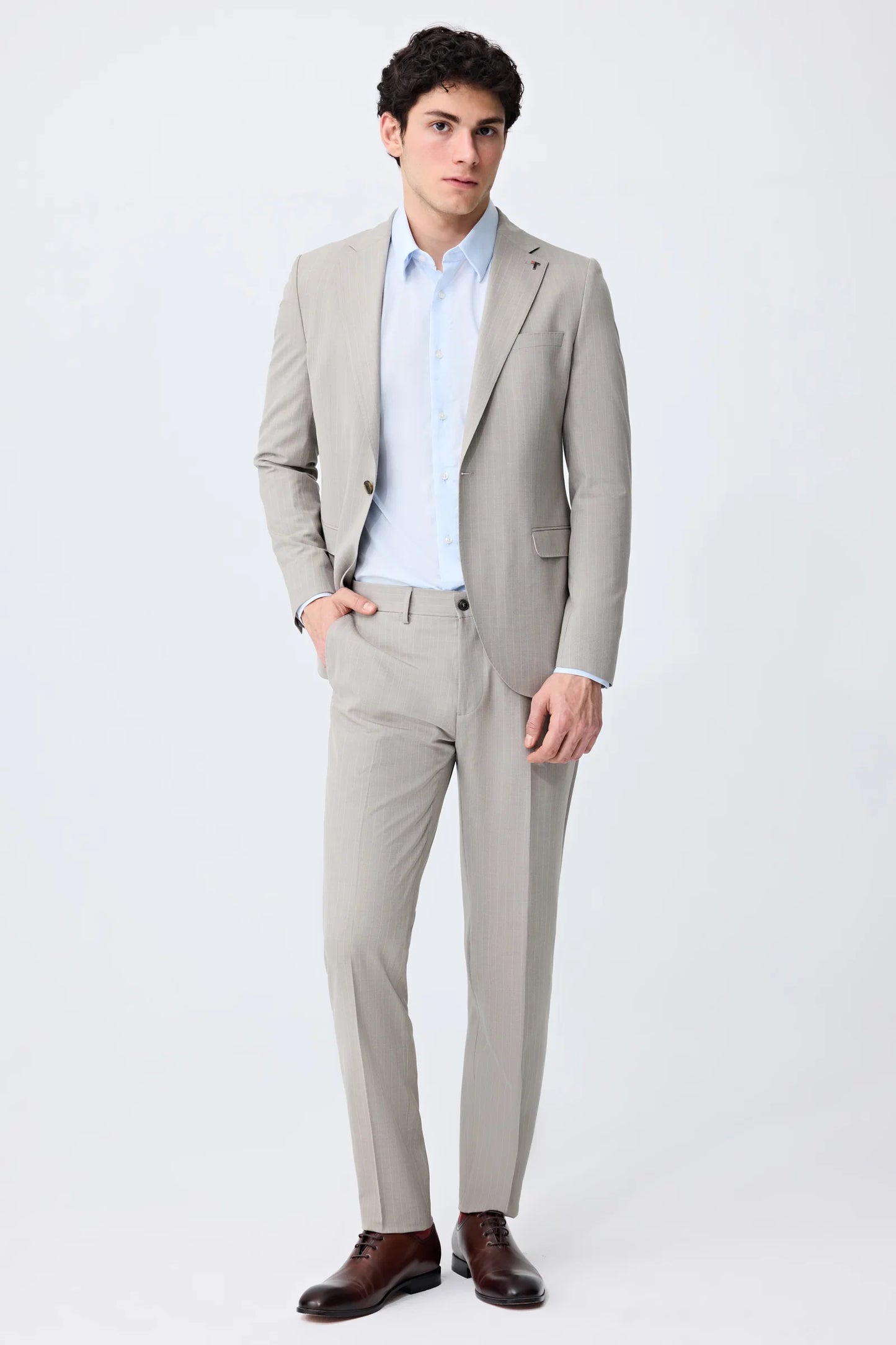 Tween Slim Fit Bej Çizgili Takim Elbise