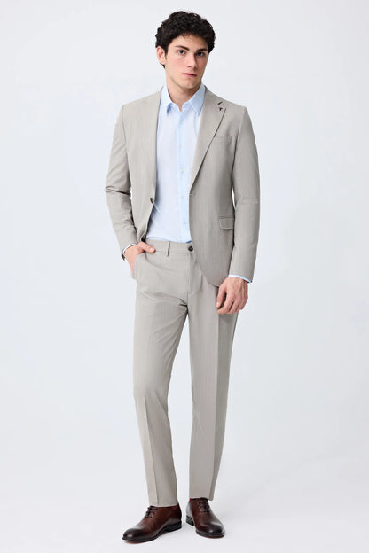 Tween Slim Fit Bej Çizgili Takim Elbise