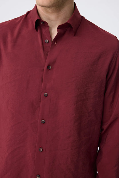 Tween Slim Fit Bordo Düz Modal Karışımlı Gömlek