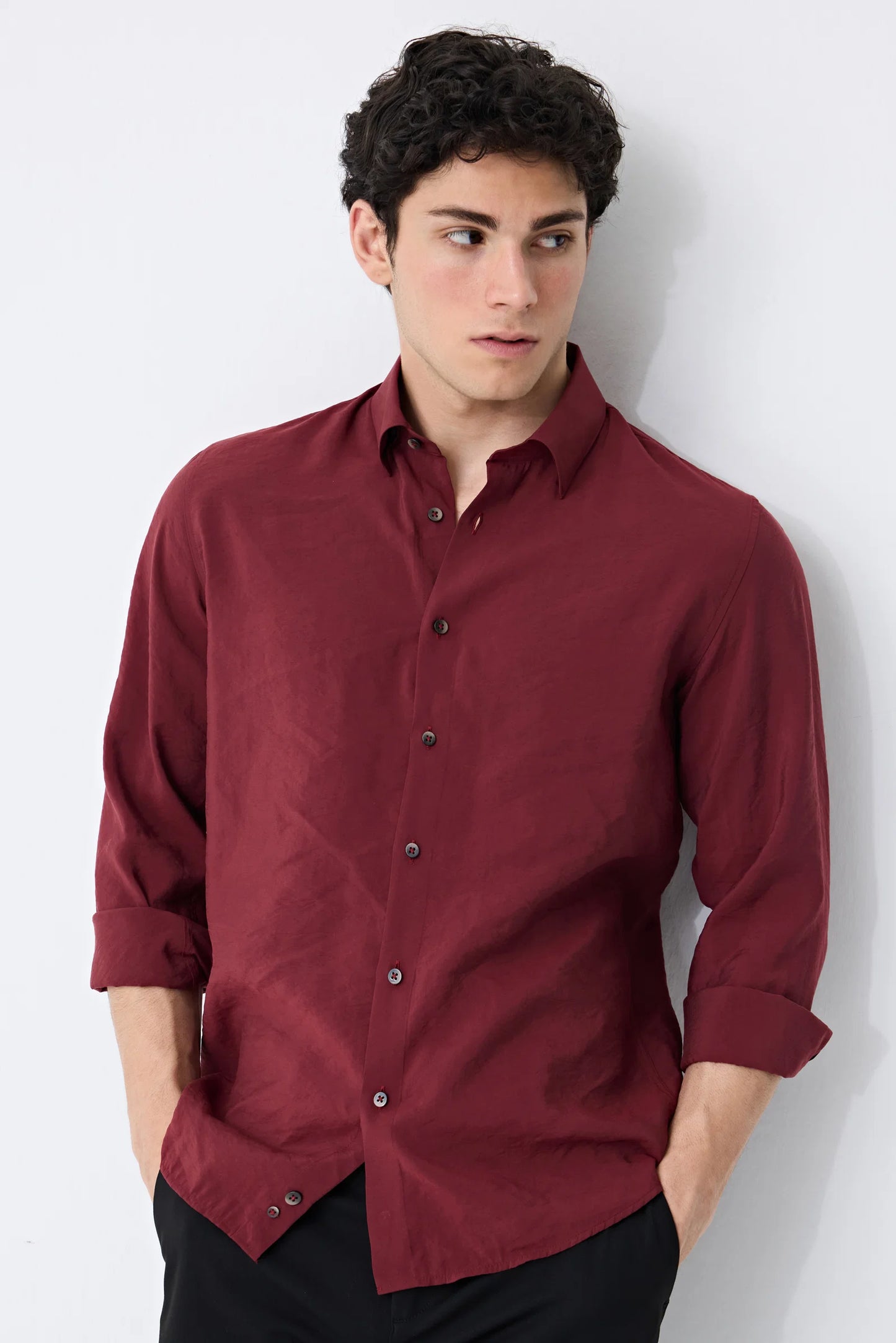 Tween Slim Fit Bordo Düz Modal Karışımlı Gömlek