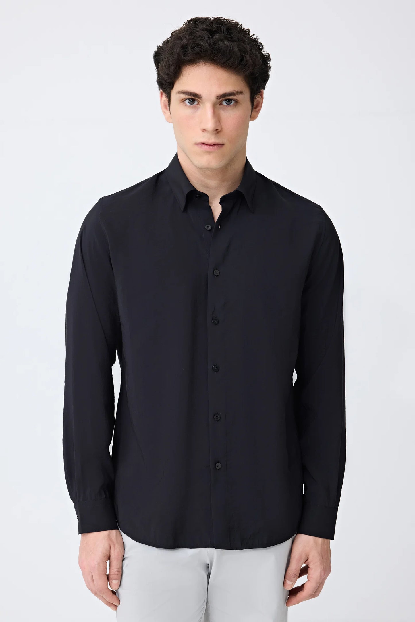 Tween Slim Fit Siyah Düz Modal Karışımlı Gömlek