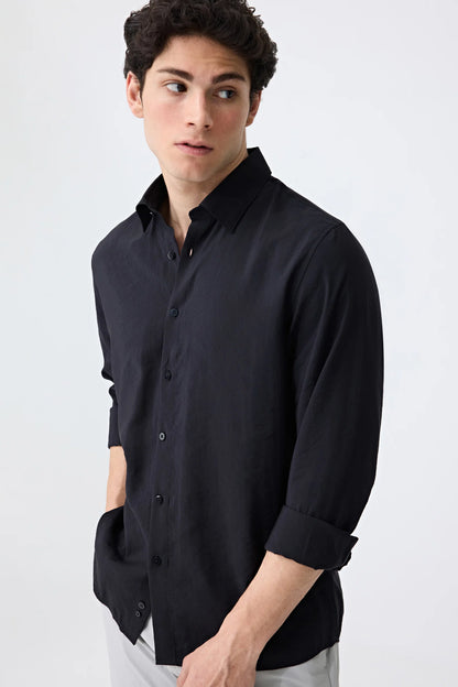 Tween Slim Fit Siyah Düz Modal Karışımlı Gömlek