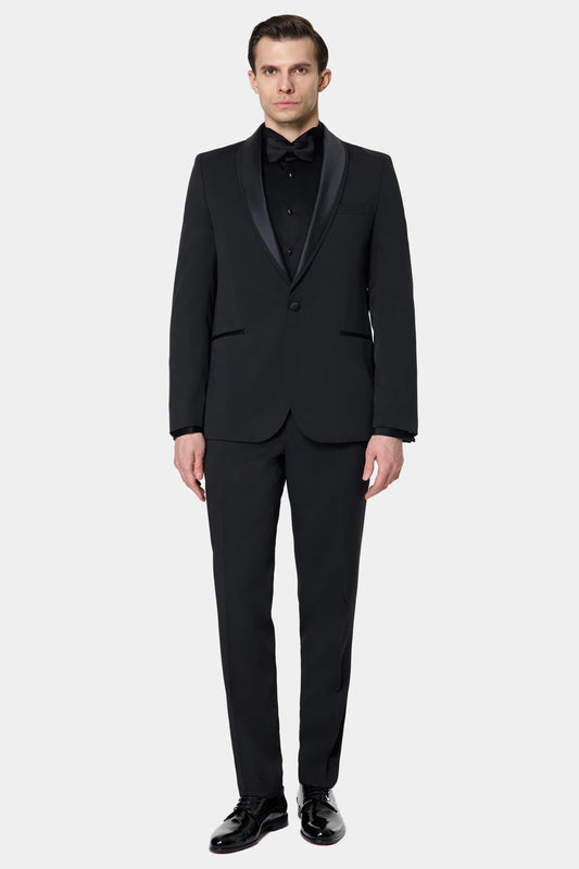 Twn Slim Fit Siyah Krep Desen Smokin Takim Elbise
