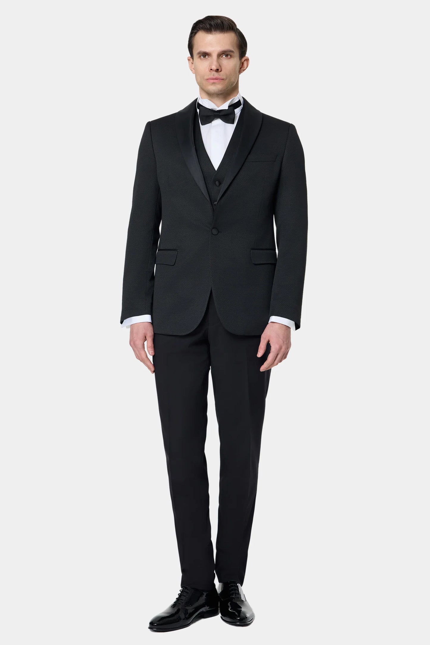 Ds Damat Slim Fit Siyah Armürlü Smokin Yelekli Takim Elbise