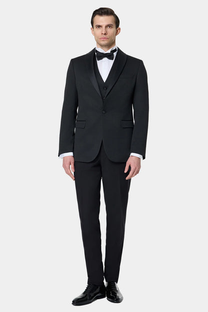 Ds Damat Slim Fit Siyah Armürlü Smokin Yelekli Takim Elbise