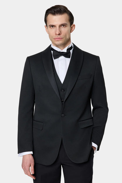 Ds Damat Slim Fit Siyah Armürlü Smokin Yelekli Takim Elbise