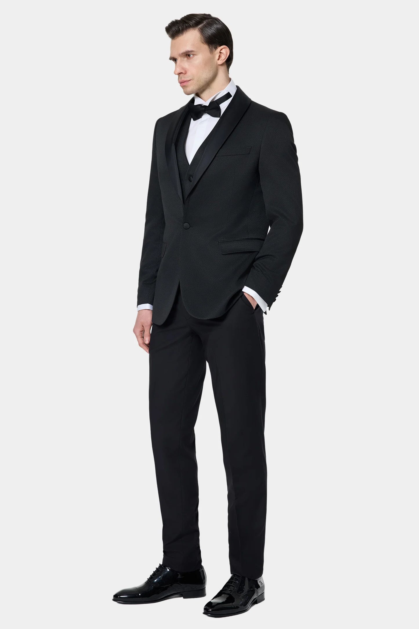 Ds Damat Slim Fit Siyah Armürlü Smokin Yelekli Takim Elbise