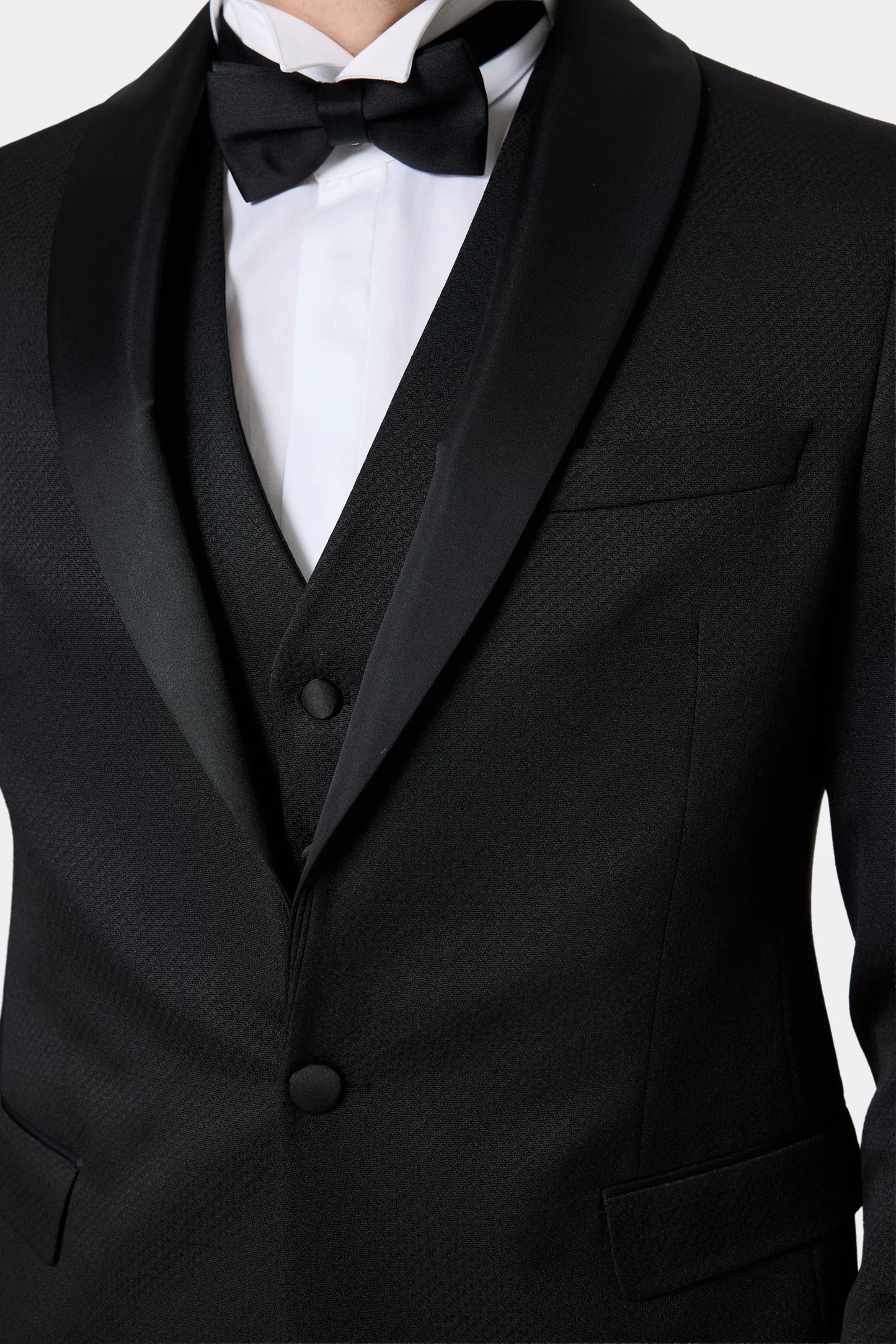 Ds Damat Slim Fit Siyah Armürlü Smokin Yelekli Takim Elbise