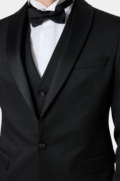 Ds Damat Slim Fit Siyah Armürlü Smokin Yelekli Takim Elbise