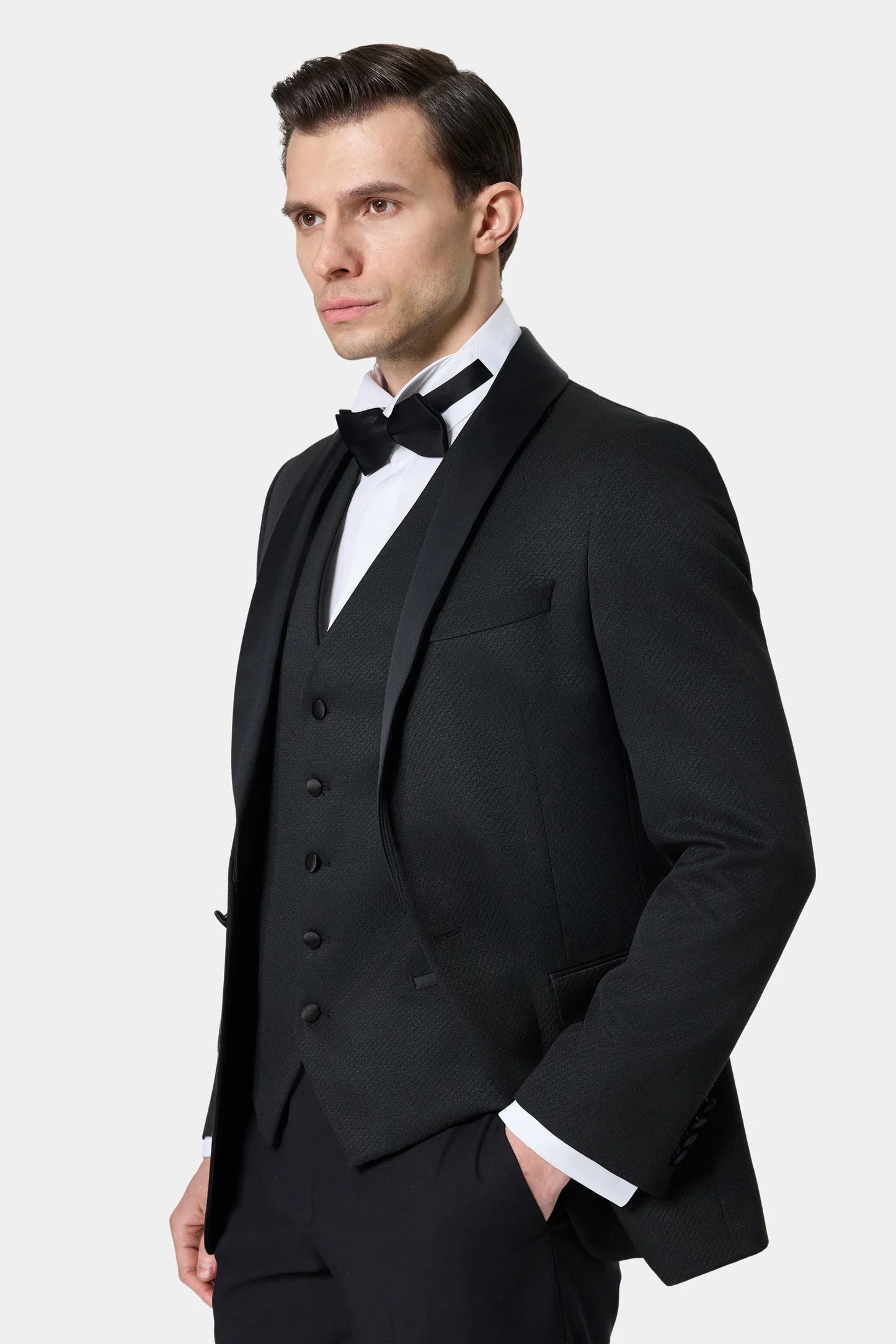 Ds Damat Slim Fit Siyah Armürlü Smokin Yelekli Takim Elbise