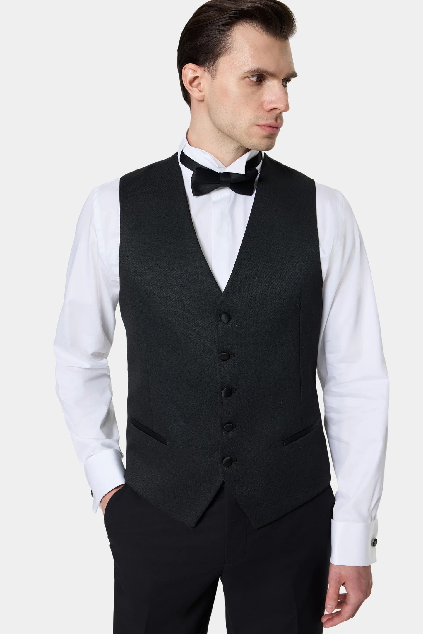 Ds Damat Slim Fit Siyah Armürlü Smokin Yelekli Takim Elbise