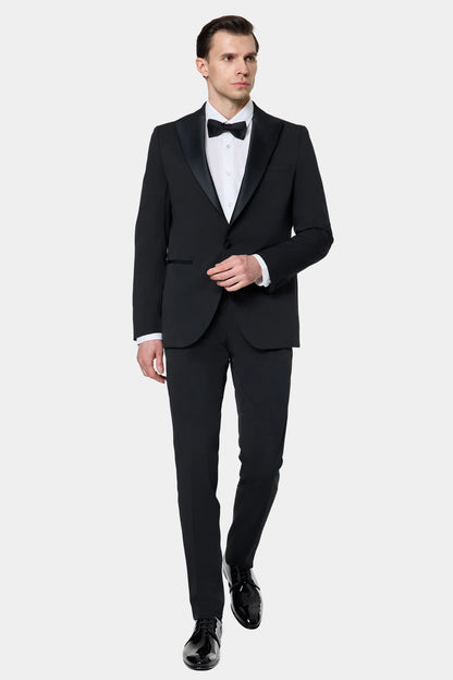 Twn Slim Fit Siyah Krep Desen Smokin Takim Elbise
