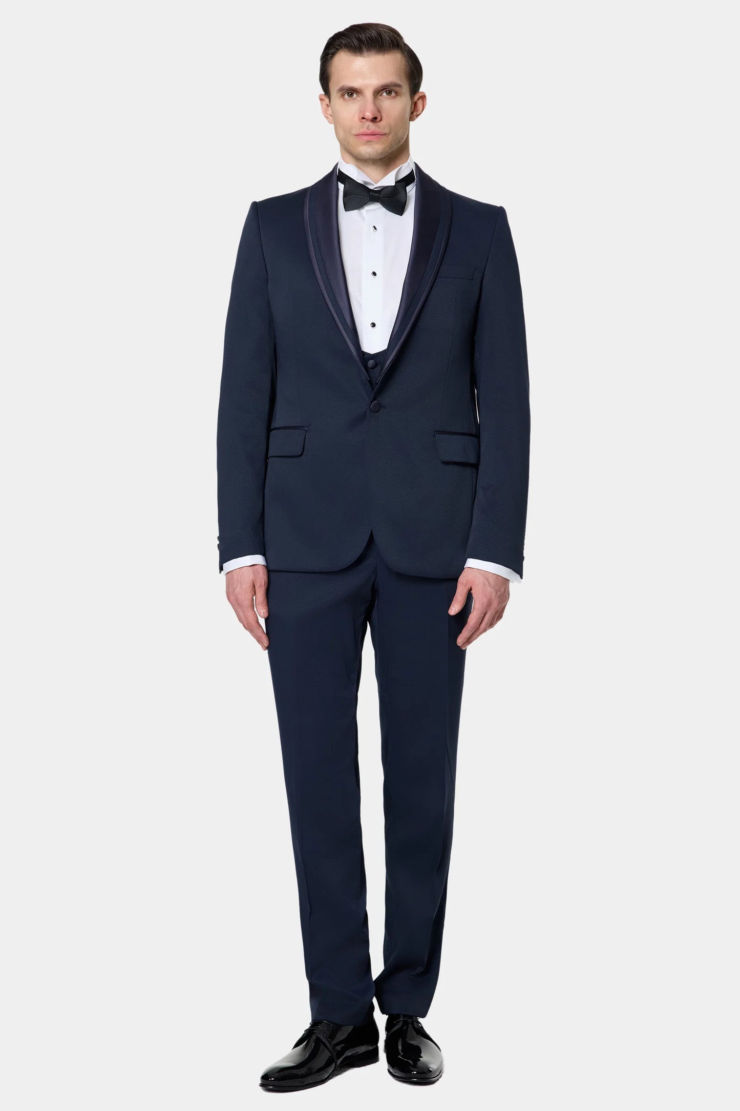 Ds Damat Slim Fit Lacivert Armürlü Smokin Yelekli Takim Elbise