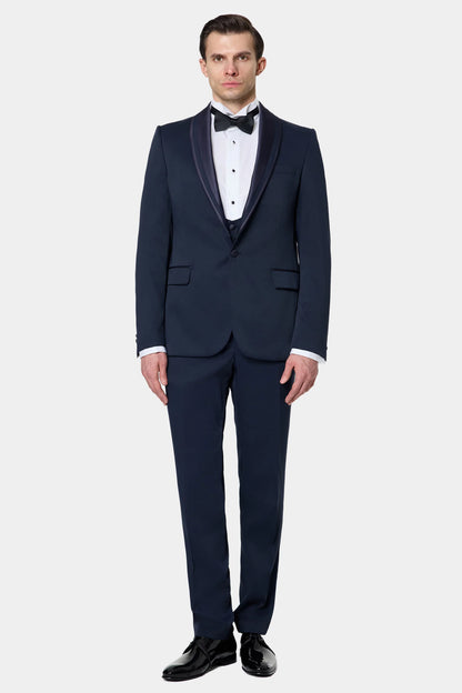 Ds Damat Slim Fit Lacivert Armürlü Smokin Yelekli Takim Elbise