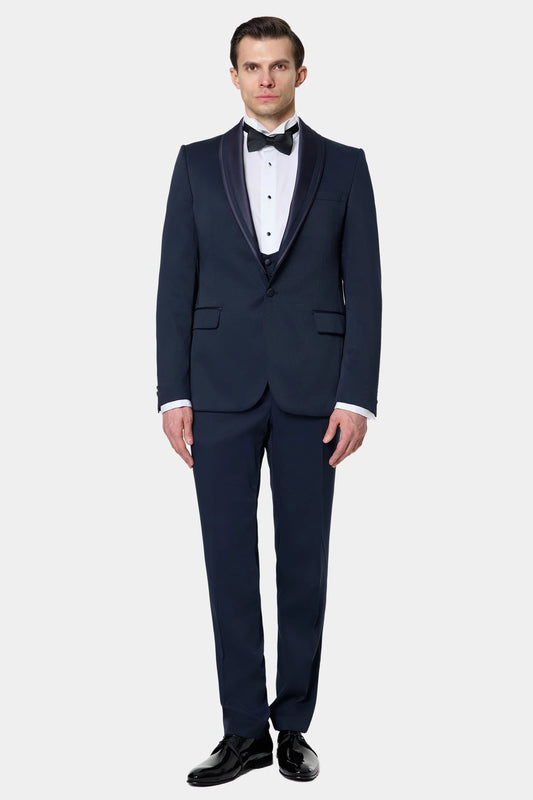 Ds Damat Slim Fit Lacivert Armürlü Smokin Yelekli Takim Elbise