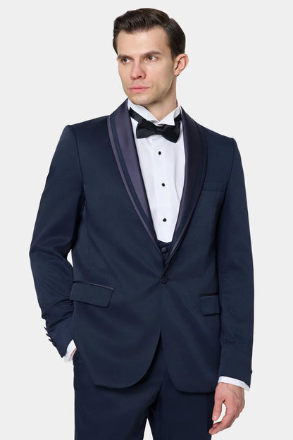 Ds Damat Slim Fit Lacivert Armürlü Smokin Yelekli Takim Elbise