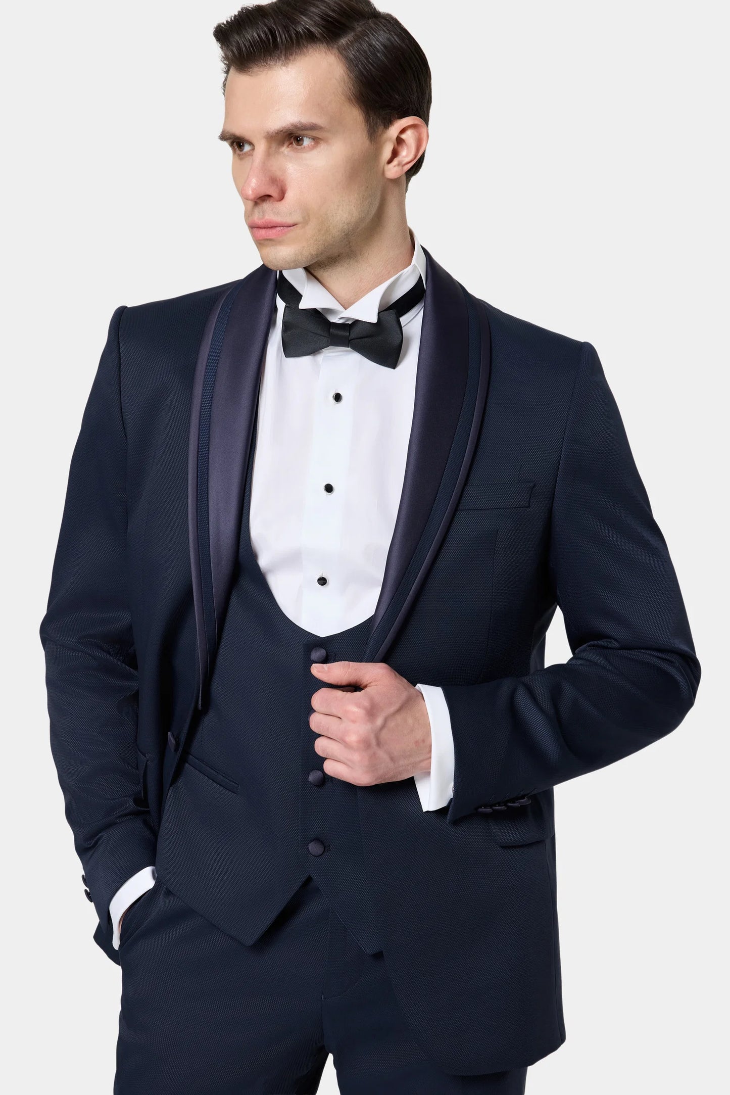 Ds Damat Slim Fit Lacivert Armürlü Smokin Yelekli Takim Elbise