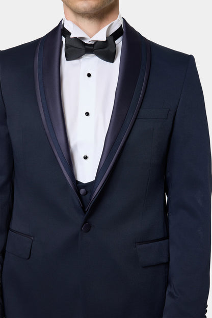 Ds Damat Slim Fit Lacivert Armürlü Smokin Yelekli Takim Elbise