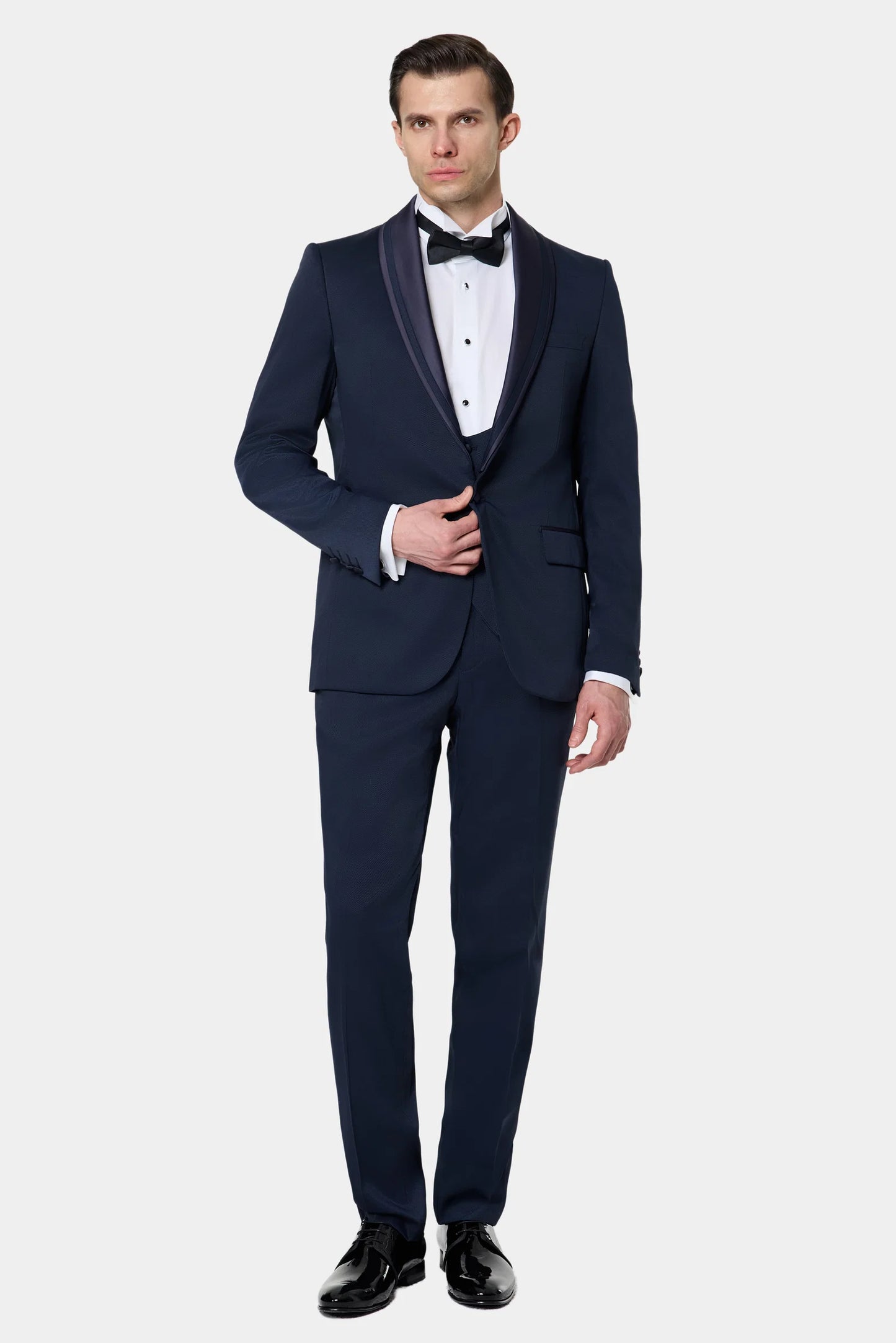 Ds Damat Slim Fit Lacivert Armürlü Smokin Yelekli Takim Elbise