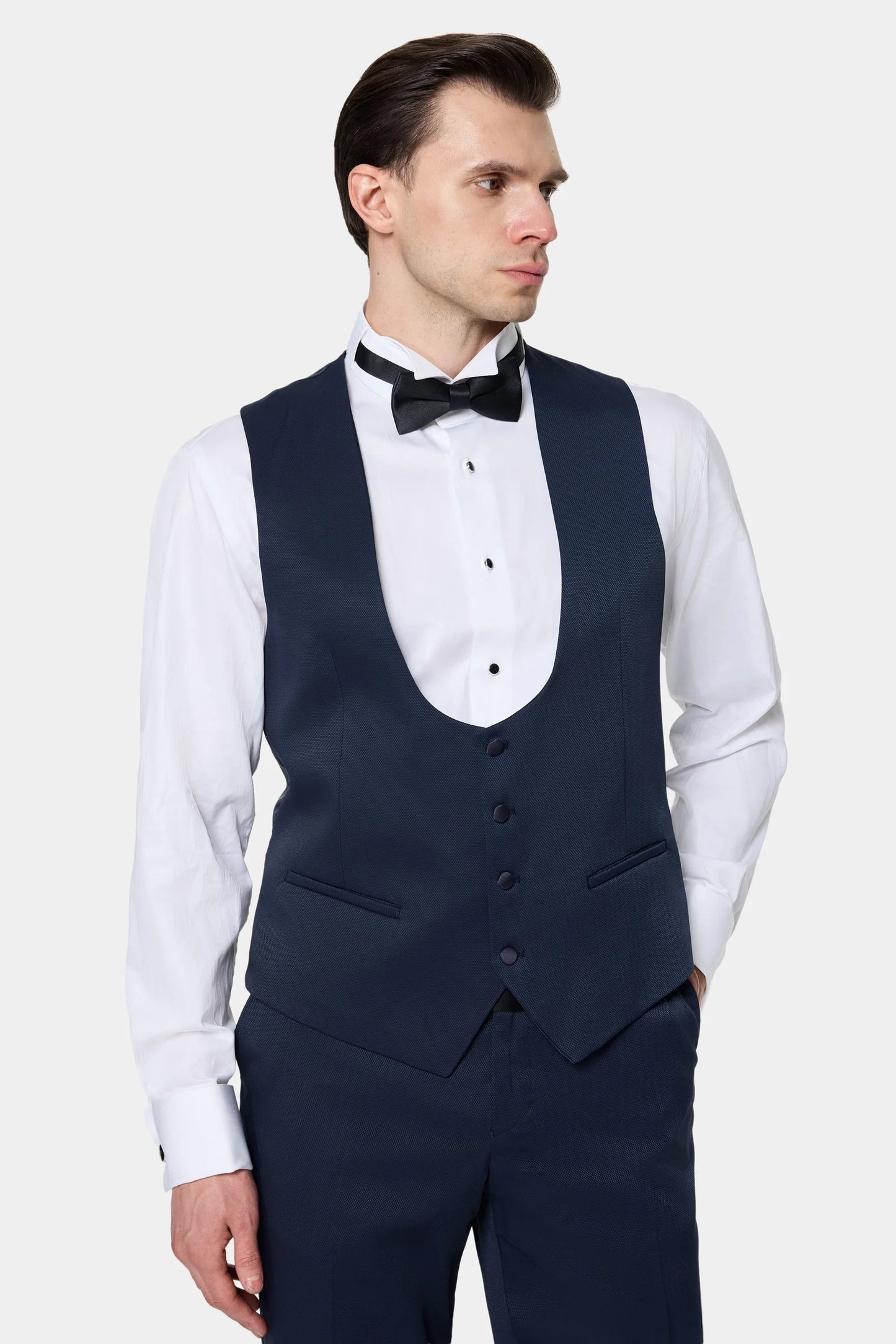 Ds Damat Slim Fit Lacivert Armürlü Smokin Yelekli Takim Elbise