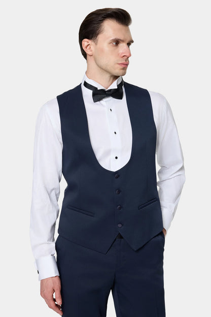 Ds Damat Slim Fit Lacivert Armürlü Smokin Yelekli Takim Elbise