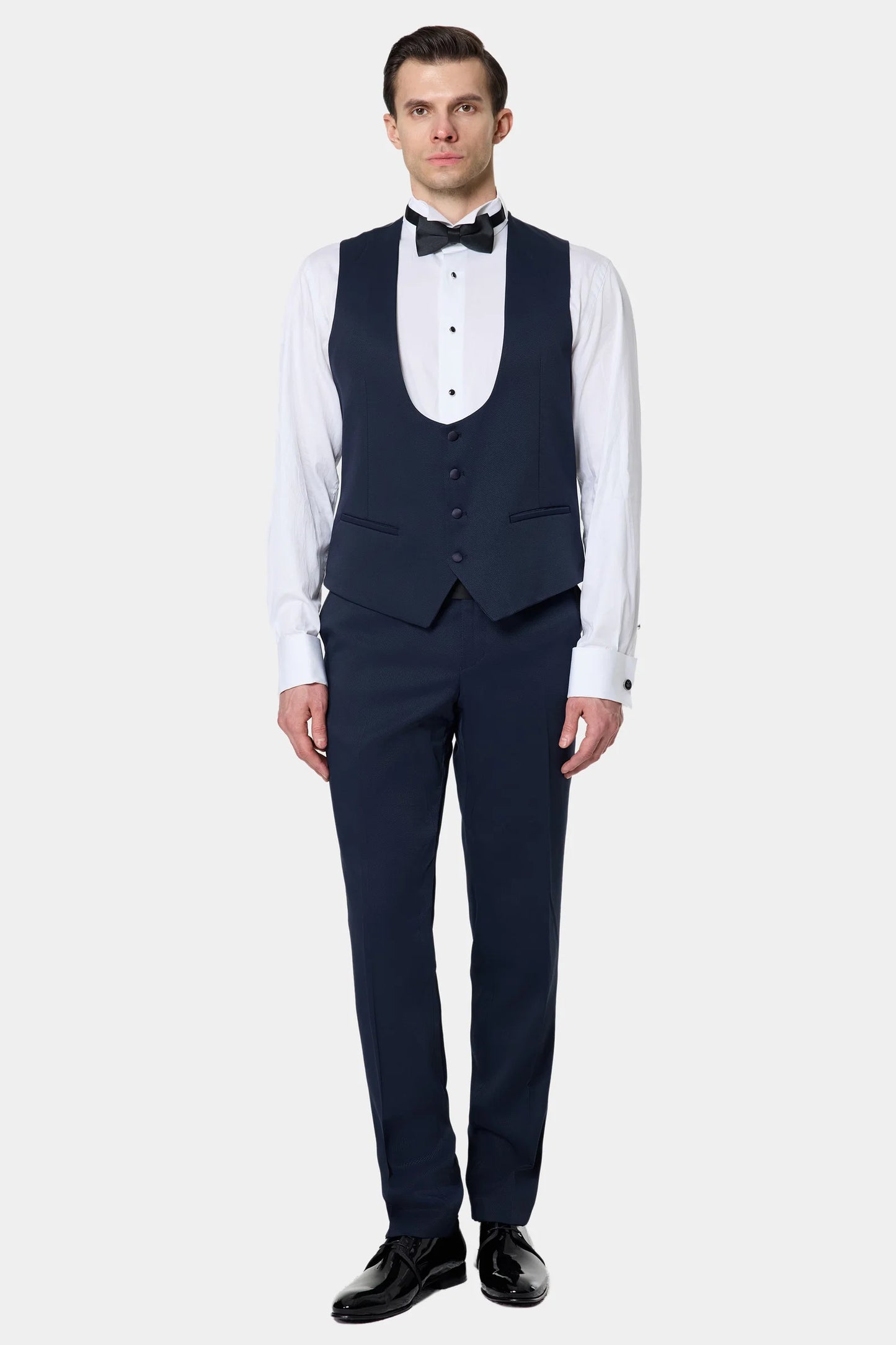 Ds Damat Slim Fit Lacivert Armürlü Smokin Yelekli Takim Elbise
