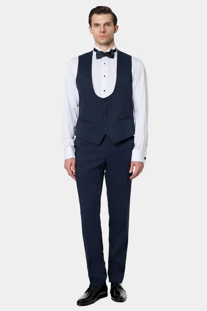 Ds Damat Slim Fit Lacivert Armürlü Smokin Yelekli Takim Elbise