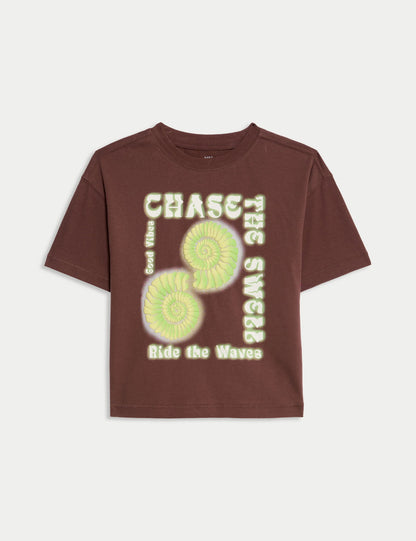 Saf Pamuklu Deniz Kabuğu Baskılı T-shirt (2–8 Yaş)
