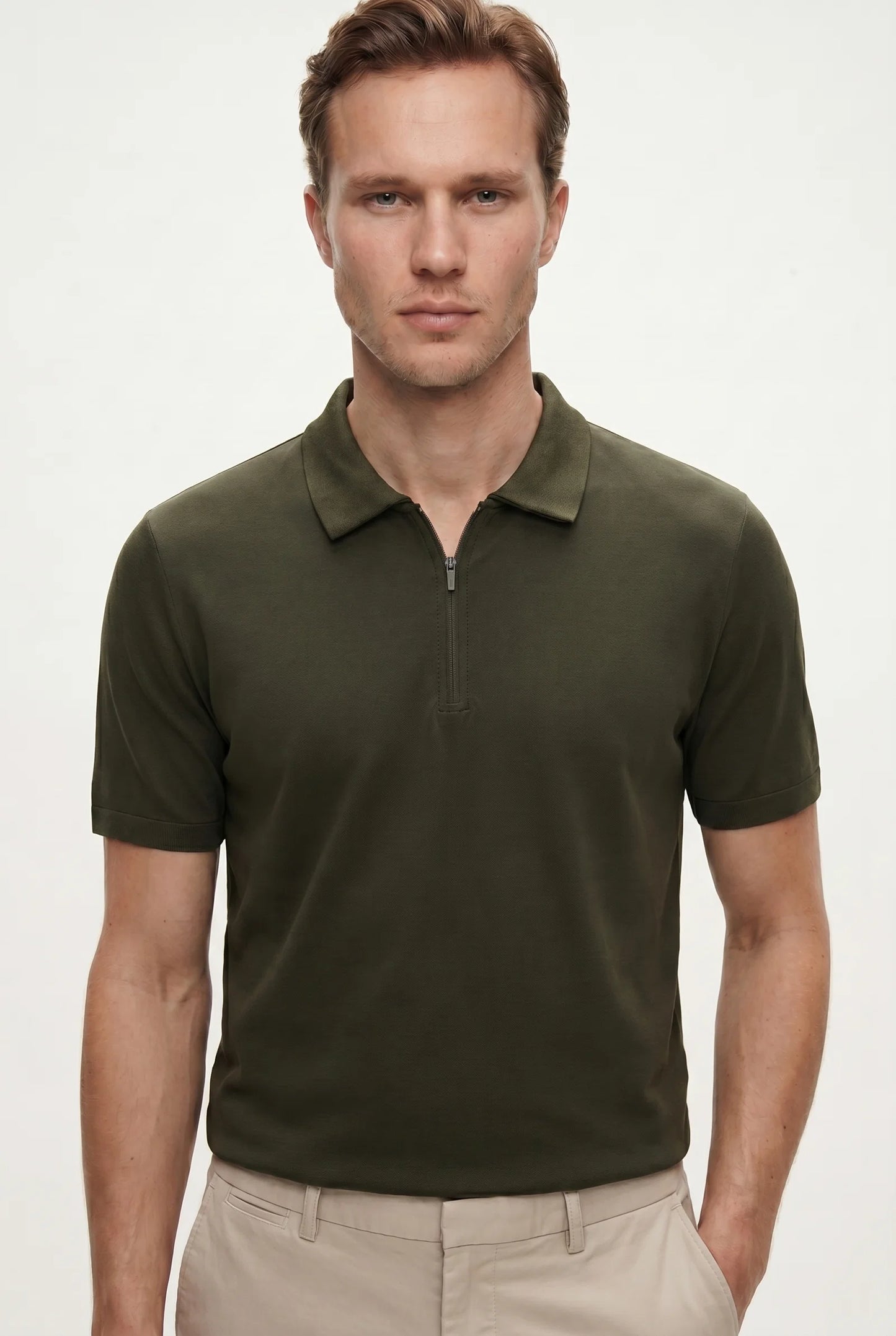 Tween Slim Fit Haki Yarım Fermuarlı Polo Yaka Yazlık T-shirt