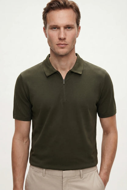 Tween Slim Fit Haki Yarım Fermuarlı Polo Yaka Yazlık T-shirt