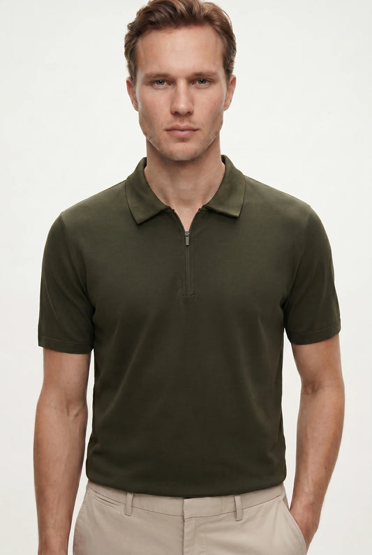 Tween Slim Fit Haki Yarım Fermuarlı Polo Yaka Yazlık T-shirt