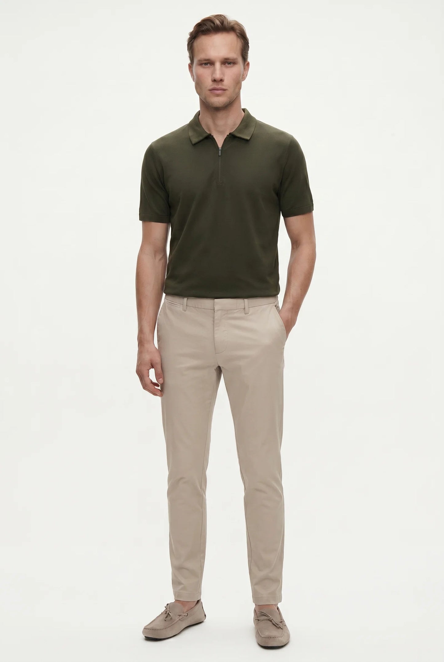 Tween Slim Fit Haki Yarım Fermuarlı Polo Yaka Yazlık T-shirt